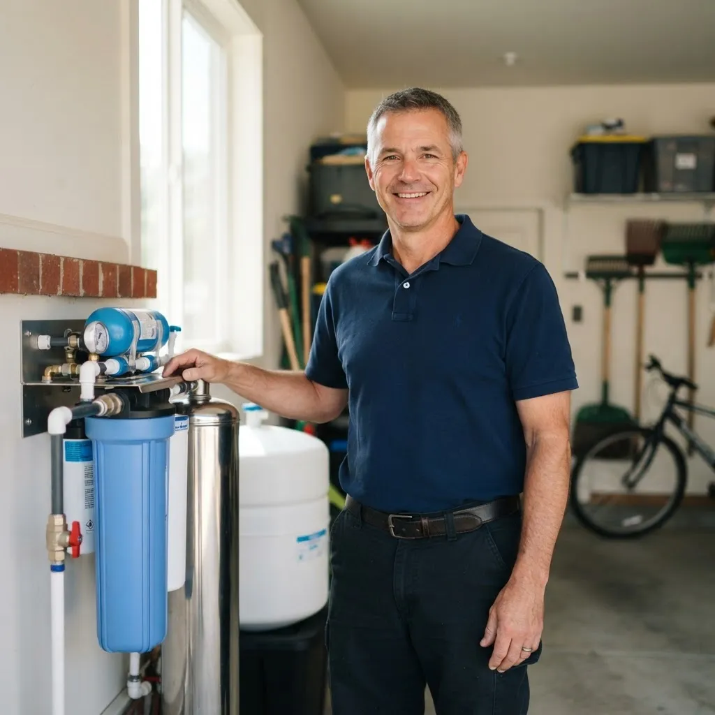 Sample Owner, founder of Your Home Water Filtration, beside a whole-house filtration system