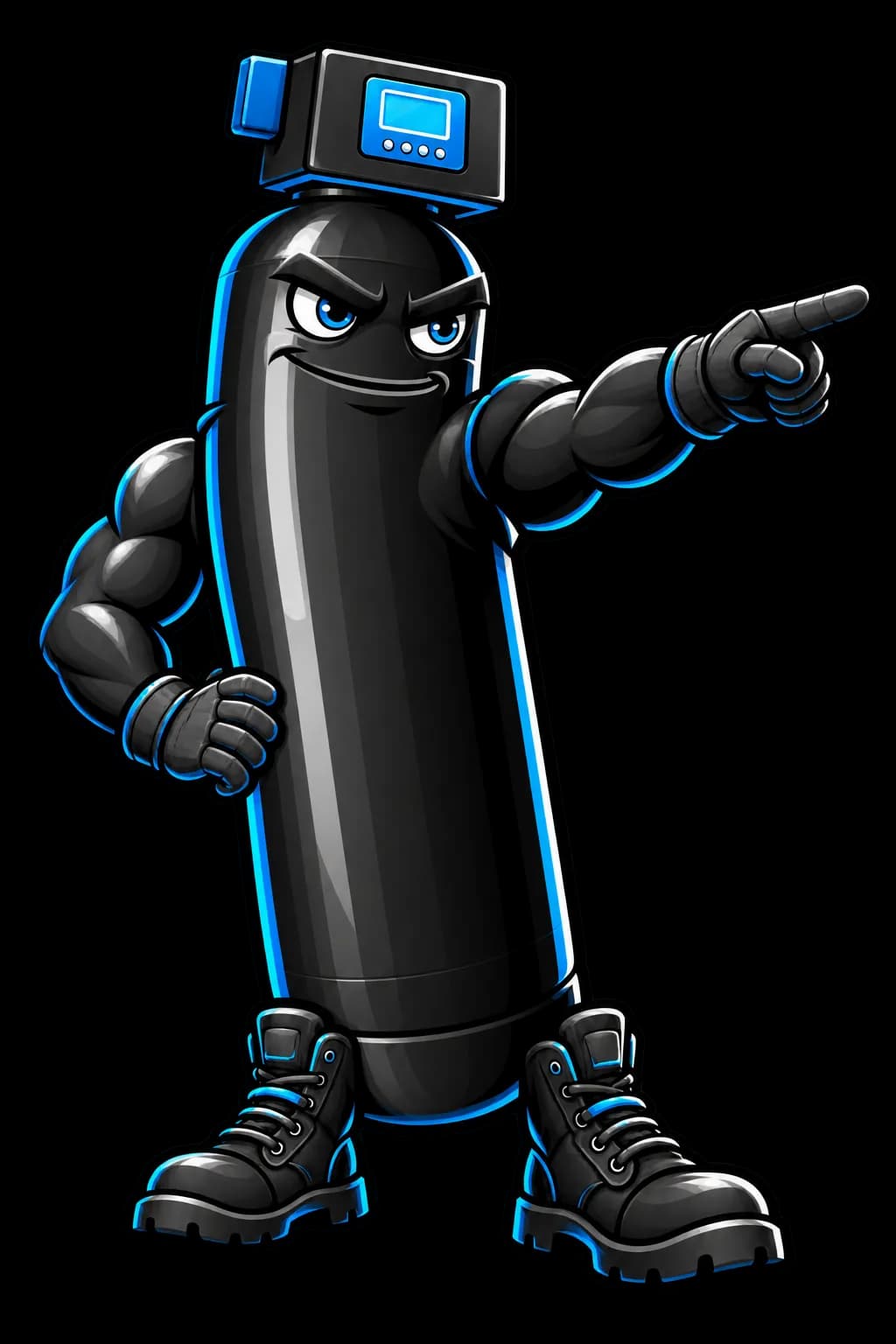 Water softener tank mascot pointing forward