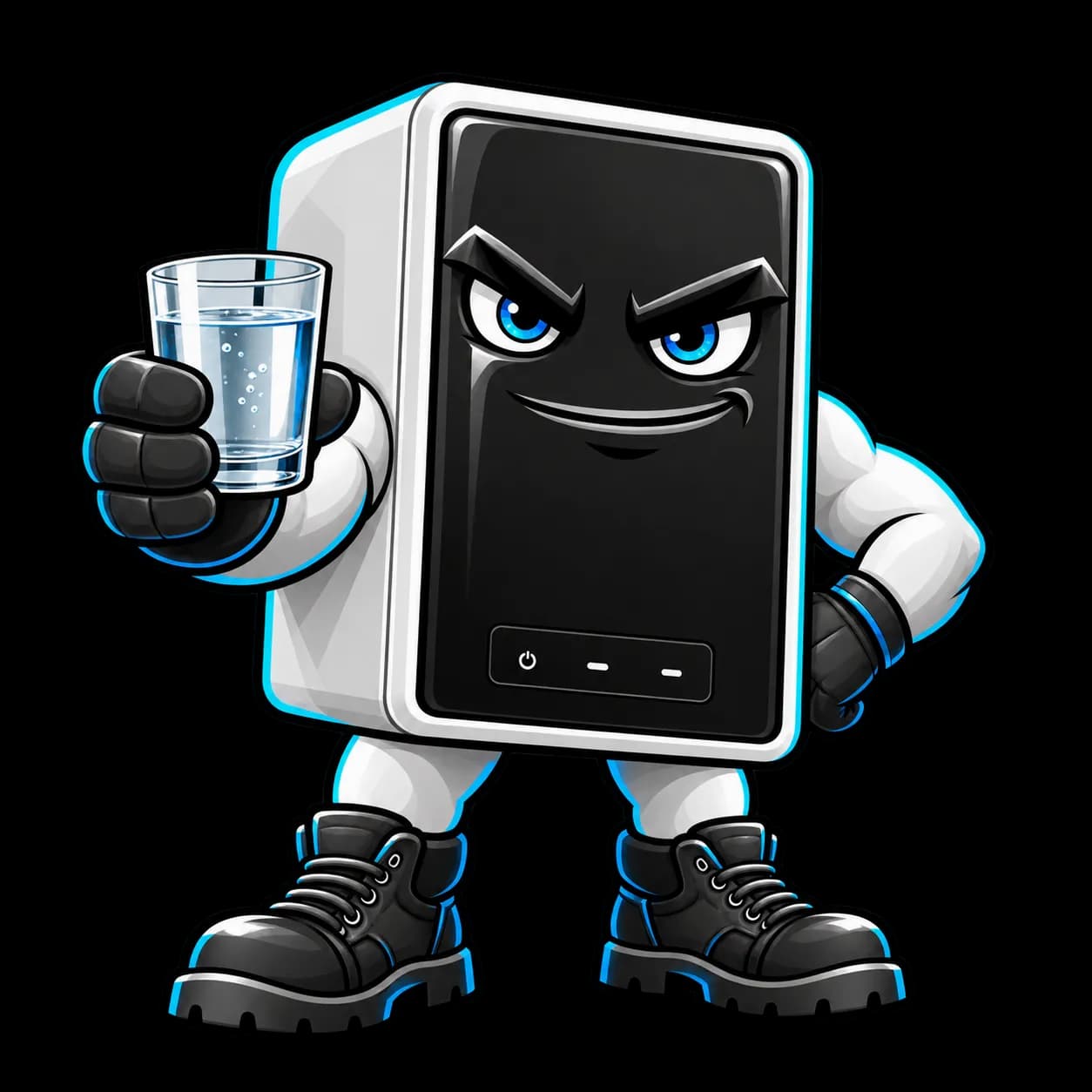 Reverse osmosis unit mascot holding up a glass of water