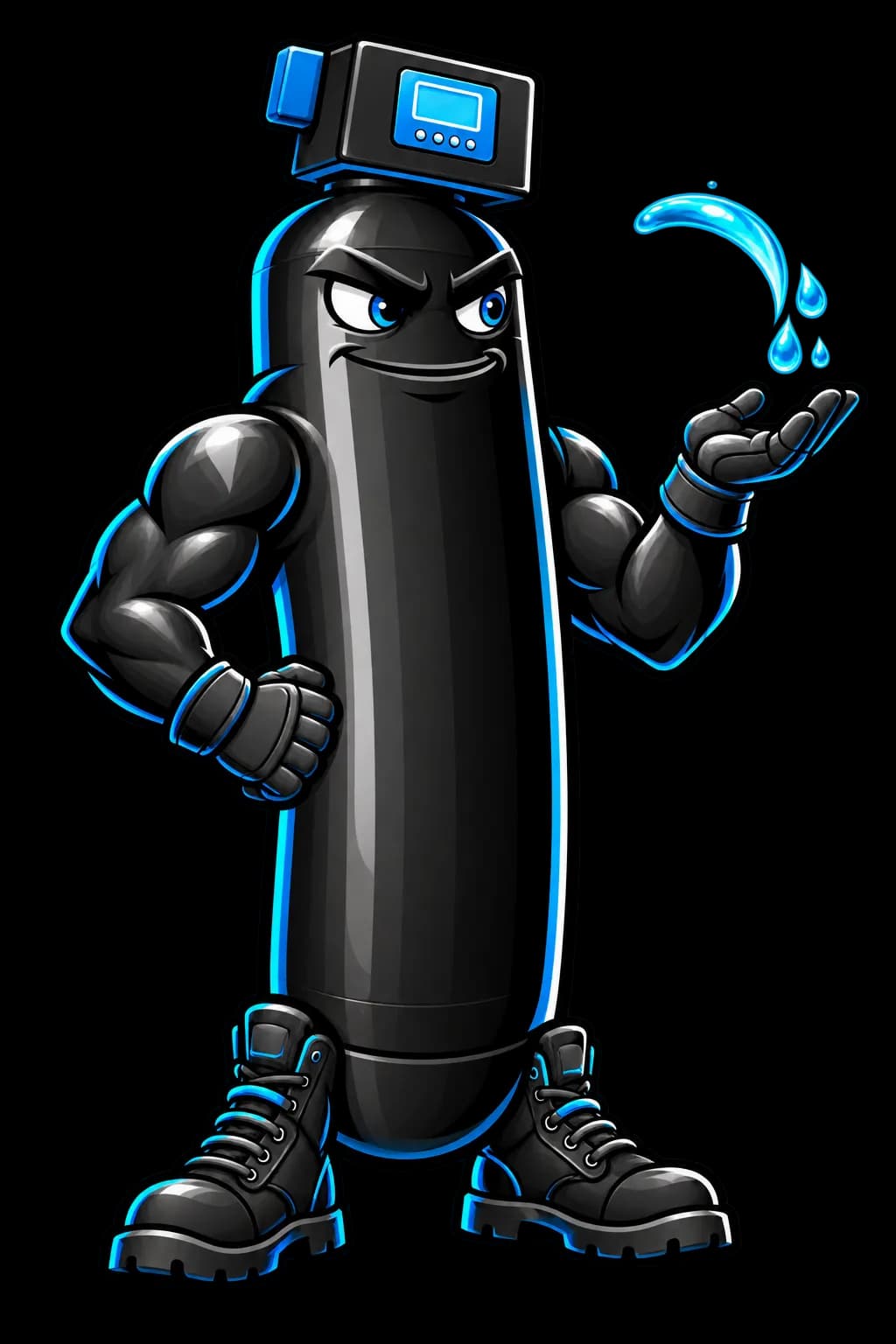 Our water softener mascot, a muscular black softener tank in work boots, presenting a splash of clean water