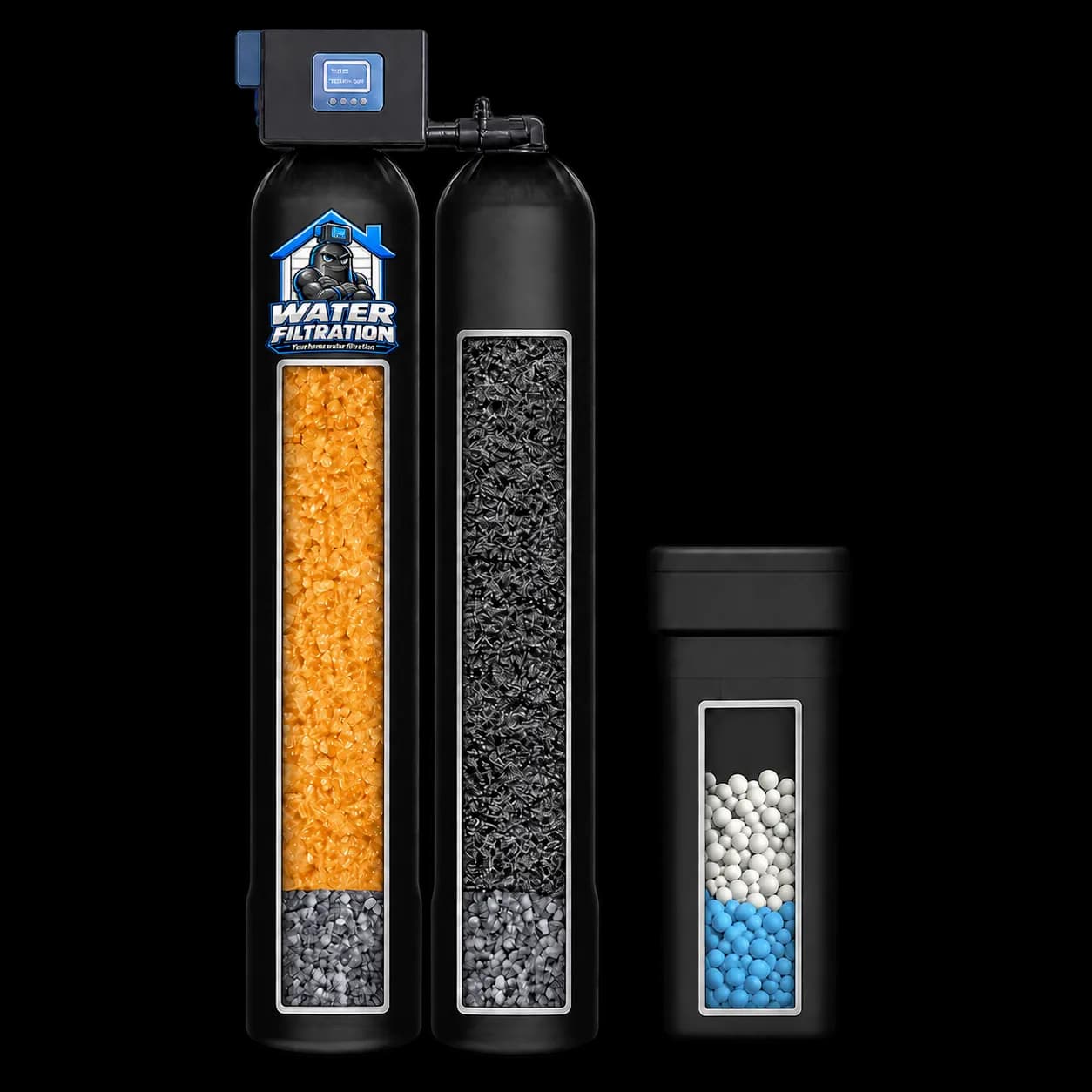 Dual-tank well water system, cutaway showing softening resin and carbon media beside the brine tank